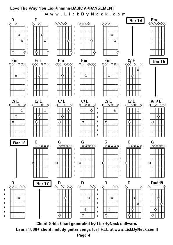 Chord Grids Chart of chord melody fingerstyle guitar song-Love The Way You Lie-Rihanna-BASIC ARRANGEMENT,generated by LickByNeck software.